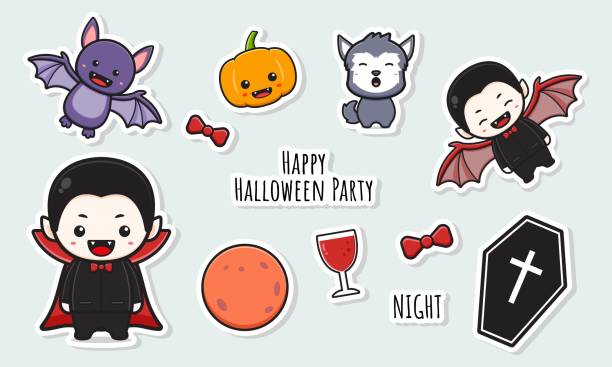 개체 낙서 만화 클립 아트 아이콘 일러스트와 귀여운 드라큘라 할로윈 스티커세트 컬렉션 - halloween invitation vector coffin stock illustrations