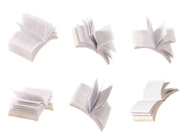 Many flying books as background isolated on white