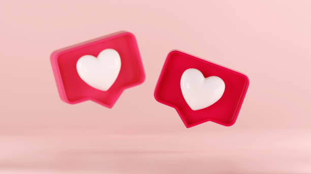 3d like heart icon in red speech bubble box isolated on pastel pink background. Notification element in social media, symbol of love, adding in favorite. Concept of communication in social network