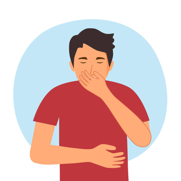 Man suffering from vomit and closing mouth in flat design. Nausea vomiting symptom. vector art illustration