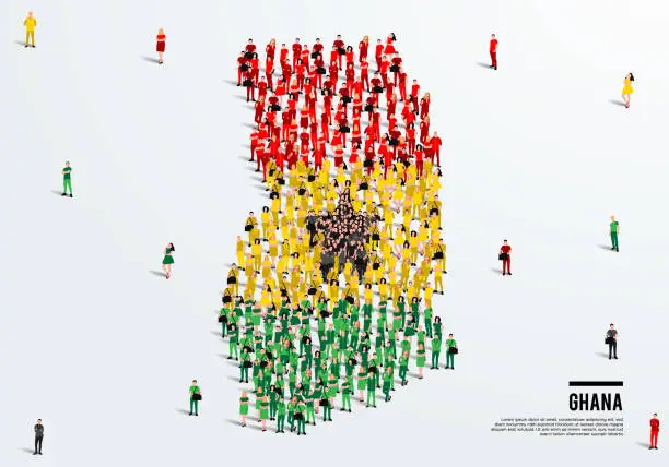 Vector illustration of Ghana Map and Flag. A large group of people in the Ghana flag color form to create the map. Vector Illustration.