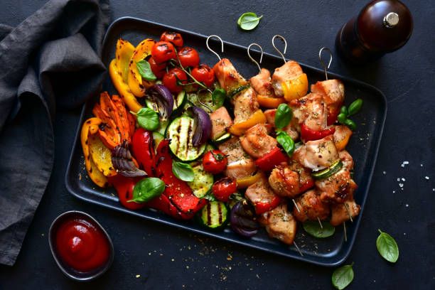Chicken skewers kebab with grilled vegetables