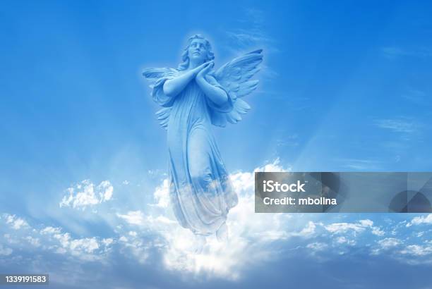 Angel Sculpture On Blue Sky Background Stock Photo - Download Image Now - Angel, Miracle, God