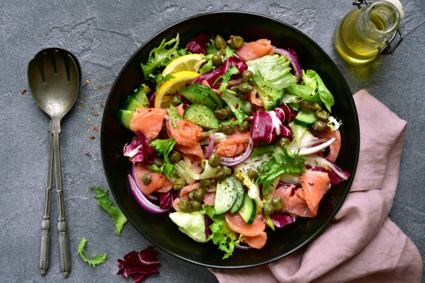 istock Fresh vegetable salad with salted salmon 1339191653