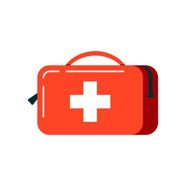 First aid kit box icon isolated on white background. First aid kit box icon isolated on white background. Red travel or car bag for medical first aid with white cross. Flat design cartoon style vector illustration. first aid stock illustrations