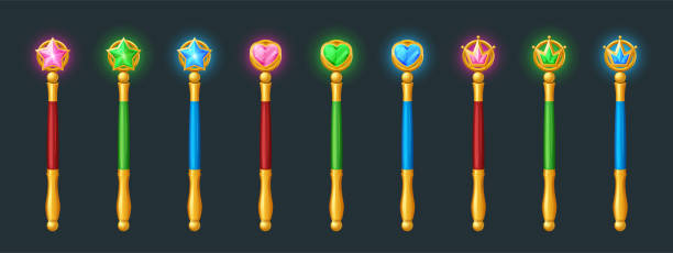 Magic wands, golden sticks with crystals Magic wands, golden sticks with crystals in shape of star, heart and crown.. Vector cartoon set of wizard rods for magical tricks and spell, princess scepter isolated on dark background sceptre stock illustrations