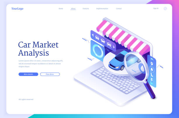 Car market analysis isometric landing page, banner Car market analysis isometric landing page. Modern automobile at laptop screen with vehicle options, striped canopy and magnifying glass. Online service for sellers or buyers, 3d vector web banner glass showroom stock illustrations