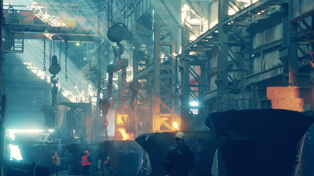 Workers are managing furnaces at the metallurgical plant