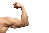 istock Male arm with large muscles close-up isolated on white background, rear view. 1339195913