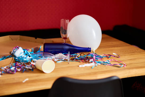 istock Messy wooden table at morning after party. 1339196285