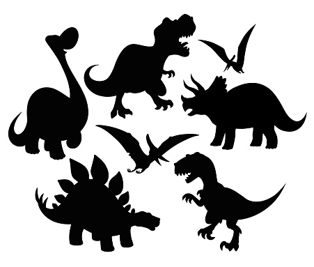 Set of dinosaur silhouettes including: Tyrannosaurus Rex, Stegosaurus, Triceratops, Apatosaur, Velociraptor and Pterodactyl. Vector illustration.
