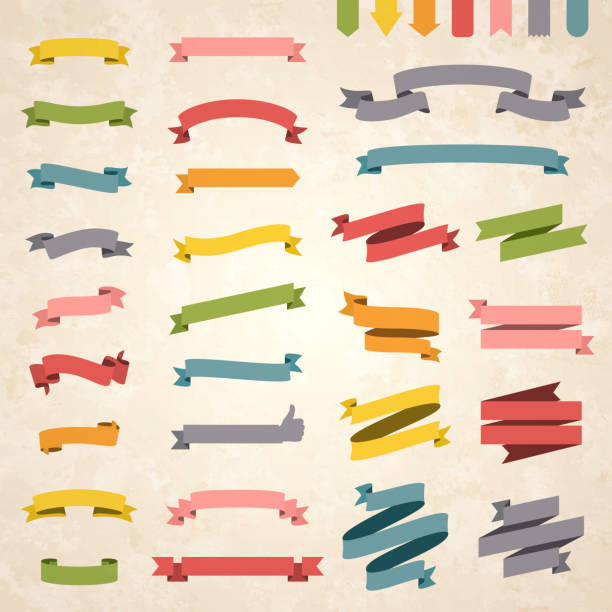 set aus bunten vintage ribbons, bannern - designelemente auf retro-hintergrund - banner origami ribbon green stock-grafiken, -clipart, -cartoons und -symbole