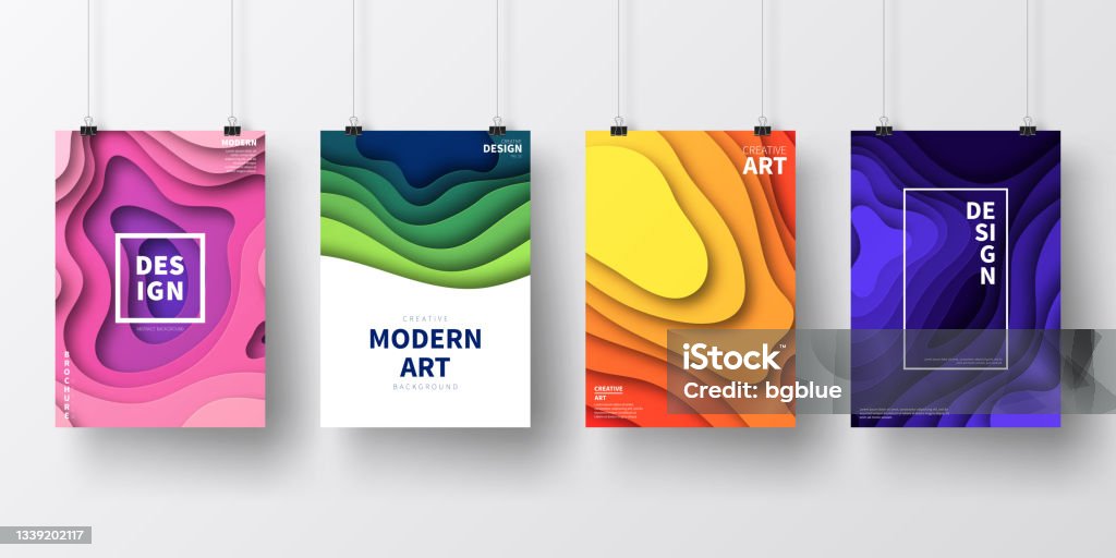 Cropped Poster Posters With Colorful Paper Cut Designs Isolated On White Background ...