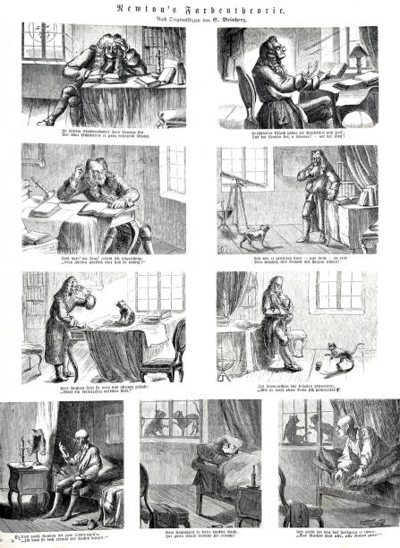아이작 뉴턴 경의 컬러 이론 9가지 일러스트 - sir isaac newton stock illustrations
