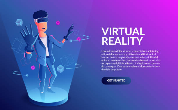 istock Virtual reality gaming. Man wearing vr headset in abstract cube futuristic digital world with glow neon color. Vector illustration 1339203220