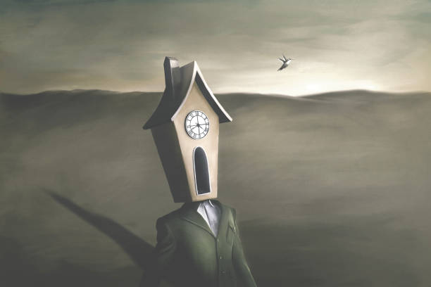 그의 머리 위에 시계와 초현실적 인 남자의 그림, 추상적 인 시간 개념 - bird brain stock illustrations