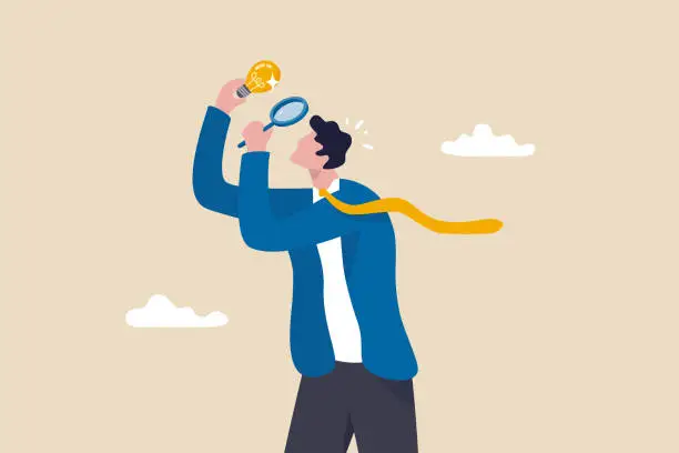 Vector illustration of Perfectionist, too much attention to details, high standard goal, focus on perfect result concept, perfectionist businessman with magnifying glass looking at every details of lightbulb idea.