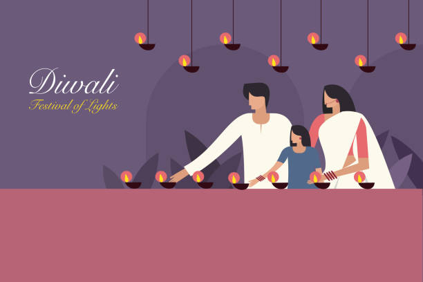 illustrations, cliparts, dessins animés et icônes de une famille décorant leur maison avec des lampes à huile diwali. concept pour le festival de diwali en inde - diwali illustrations