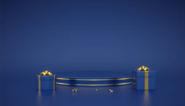 istock Blue round podium. Scene and 3D platform with gold circle on blue background. Blank Pedestal with gift boxes with golden bow and confetti. Advertising, award design. Realistic vector illustration. 1339208435