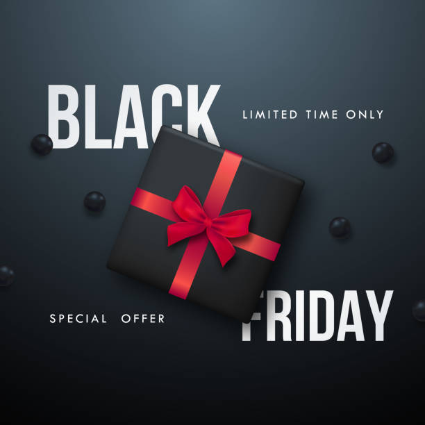 istock Black Friday Sale banner template. Realistic gift box with red bow, black calls. Design for Stories, card, flyer concept design, social media, web. Stock vector illustration. 1339208606