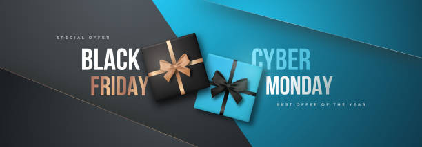 black friday and cyber monday long banner. super sale at the end of season. black and blue realistic gift boxes. special offer concept vector illustration. - cyber monday stock illustrations
