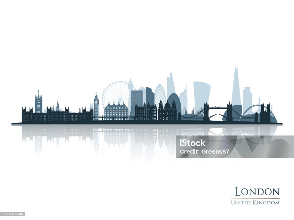 Silhouette der Londoner Skyline mit Reflexion. Landschaft London, Großbritannien. Vektorillustration. - Lizenzfrei London - England Vektorgrafik