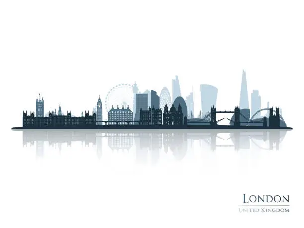 Vector illustration of London skyline silhouette with reflection. Landscape London, UK. Vector illustration.