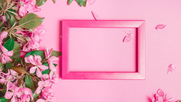 istock Pink photo frame and branches of apple blossoms on a color background. Layout, flat lay, copy space, top view. 1339208636