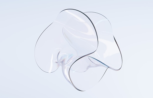 Abstract glass figure twisted round shape. Holographic clear sculpture in curve wavy smooth forms, acrylic or plastic composition, transparent glossy object isolated on blue background, 3d render.