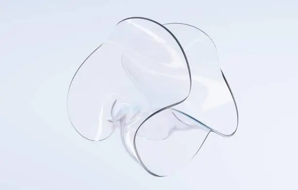 Photo of Abstract glass figure twisted round shape. Holographic clear sculpture in curve wavy smooth forms, acrylic or plastic composition, transparent glossy object isolated on blue background, 3d render