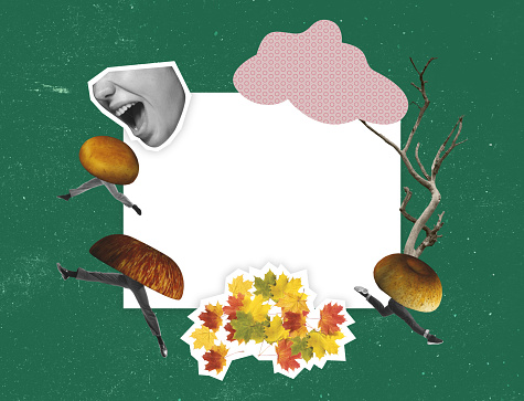 Breath of autumn. Minimalism, contemporary art collage. Surrealism. woman's mouth catches running mushrooms. Autumn mood, beauty and nature concept. Cloudy sky, raining, sadness. Greeting card design