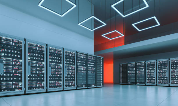 istock Server farm in a modern data center with clean surfaces, night time 1339219801