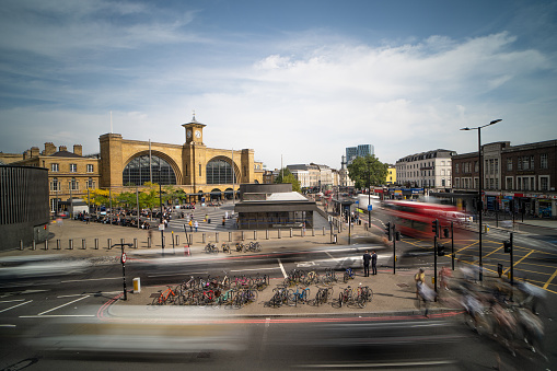 One second exposure of the area outside Kings Cross train station in London, England.