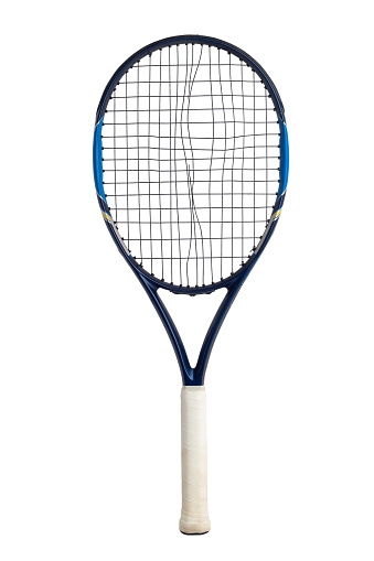 Tennis racket with broken strings isolated on white background. Clipping path included (outer edge).