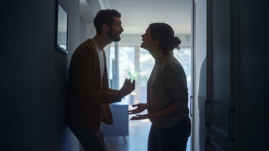 Pareja joven discutiendo y peleando. Escena de violencia doméstica y abuso emocional, mujer estresada y hombre agresivo gritándose el uno al otro en el oscuro pasillo del apartamento. Escena dramática photo