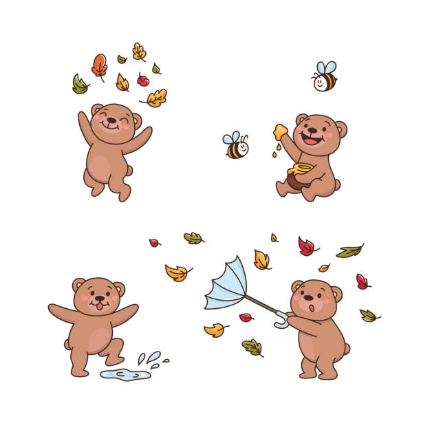 ilustraciones, imágenes clip art, dibujos animados e iconos de stock de conjunto de lindos osos de peluche. el oso juega con un charco, arroja hojas de otoño, come miel con amigos abejas, con un paraguas sopla el viento. ilustración vectorial infantil en estilo cartoon. - winnie the pooh