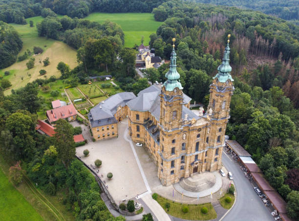 Aerial view of the Vierzehnheiligen basilica in Bavaria Aerial view of the Vierzehnheiligen basilica in Bavaria bad staffelstein stock pictures, royalty-free photos & images