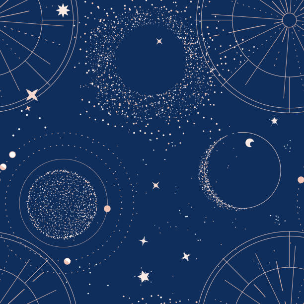 ilustraciones, imágenes clip art, dibujos animados e iconos de stock de fondo celestial de alquimia, cielo azul con luna, estrellas, decoración espacial de planetas, patrón de universo - signo del zodíaco