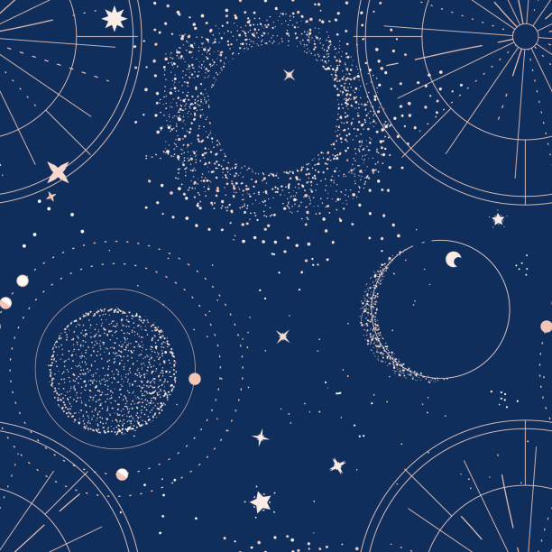 alchemy celestial background, blue sky with moon, stars, planets space decor, universe pattern - space stock illustrations