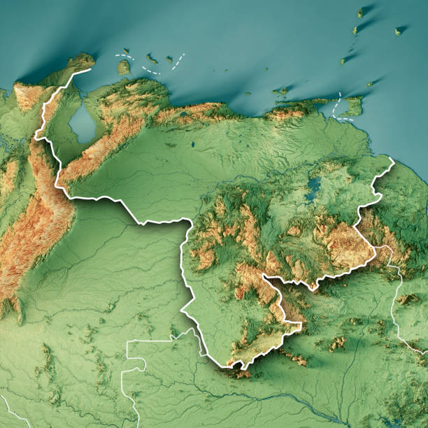 Venezuela 3D Render Topographic Map Color Border