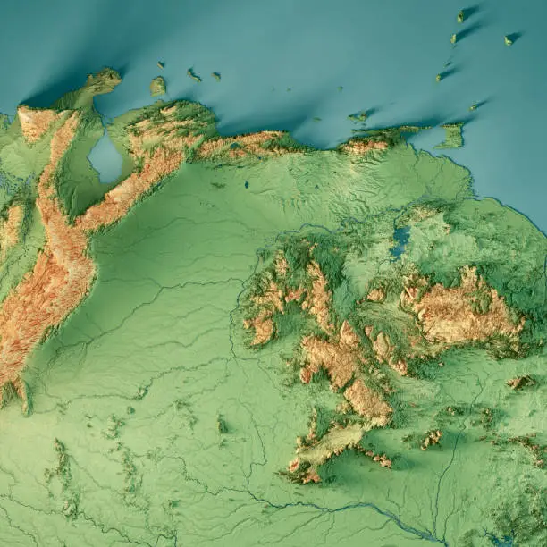 3D Render of a Topographic Map of Venezuela. 
All source data is in the public domain.
Color texture: Made with Natural Earth. 
http://www.naturalearthdata.com/downloads/10m-raster-data/10m-cross-blend-hypso/
Relief texture: SRTM data courtesy of NASA JPL (2020). URL of source image: 
https://e4ftl01.cr.usgs.gov//DP133/SRTM/SRTMGL3.003/2000.02.11
Water texture: SRTM Water Body SWDB:
https://dds.cr.usgs.gov/srtm/version2_1/SWBD/
Boundaries Level 0: Humanitarian Information Unit HIU, U.S. Department of State (database: LSIB)
http://geonode.state.gov/layers/geonode%3ALSIB7a_Gen