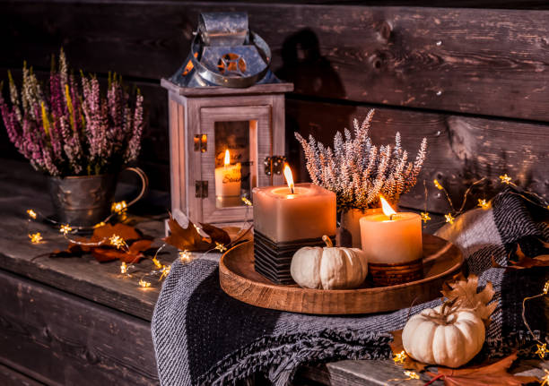 belle décoration de terrasse d’automne avec citrouilles, lanterne, plantes et fleurs - autumn pumpkin flower food photos et images de collection