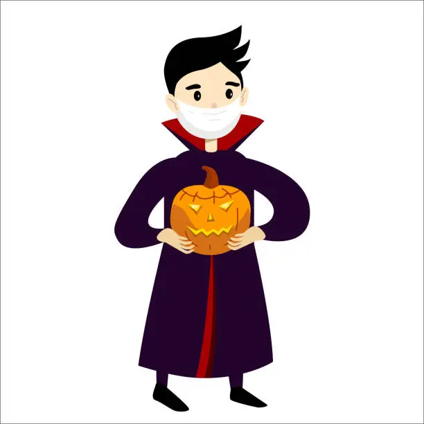Vector illustration of Little boy in halloween vampire costume and wear protective face mask.
