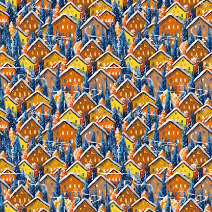Seamless pattern on the theme of Christmas and winter, holiday, houses with Christmas trees and snowdrifts, snow-covered houses drawn in digital style, small cute houses with snowflakes for a gift or decor