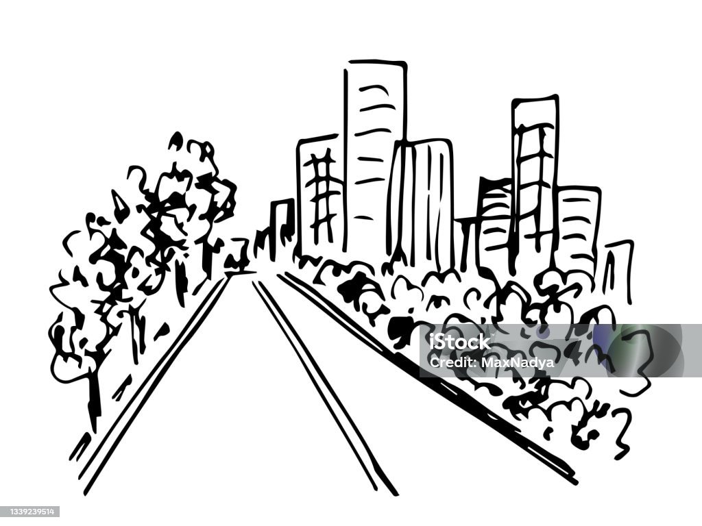 Bản Phác Thảo Vector Đen Trắng Vẽ Tay Trung Tâm Thành Phố Đại Lộ ...