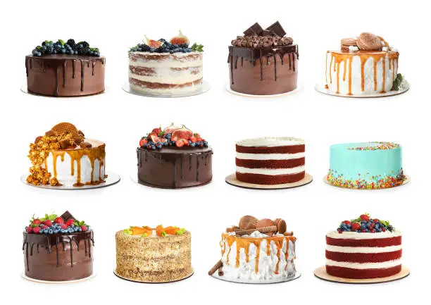 Photo of Set of different delicious cakes isolated on white