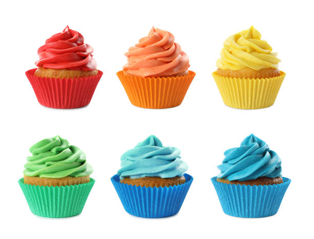 set of delicious birthday cupcakes on white background - isolated on yellow imagens e fotografias de stock