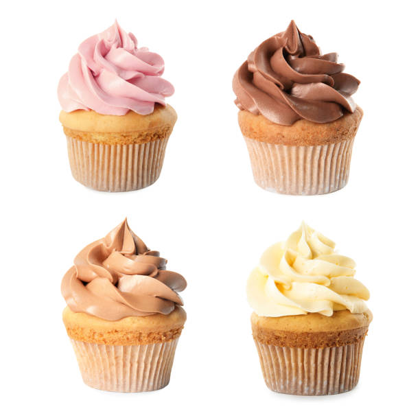 istock Set of delicious birthday cupcakes on white background 1339241580