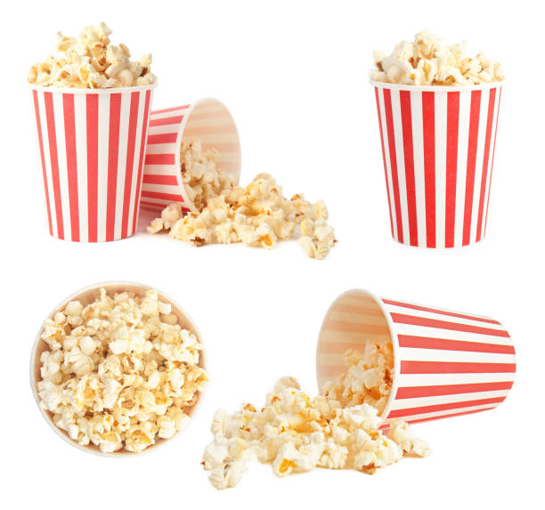 istock Set with buckets of tasty pop corn on white background 1339241604