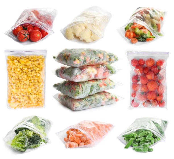 set of different frozen vegetables in plastic bags on white background - cauliflower vegetable white isolated imagens e fotografias de stock